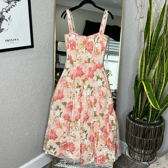 House of CB 'Rosalee' Pink Peony Print Cotton Bustier Sundress NWOT